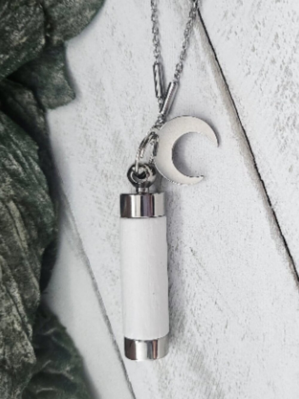 White Wooden Capsule Necklace Stainless Steel Moon Vial Pendant